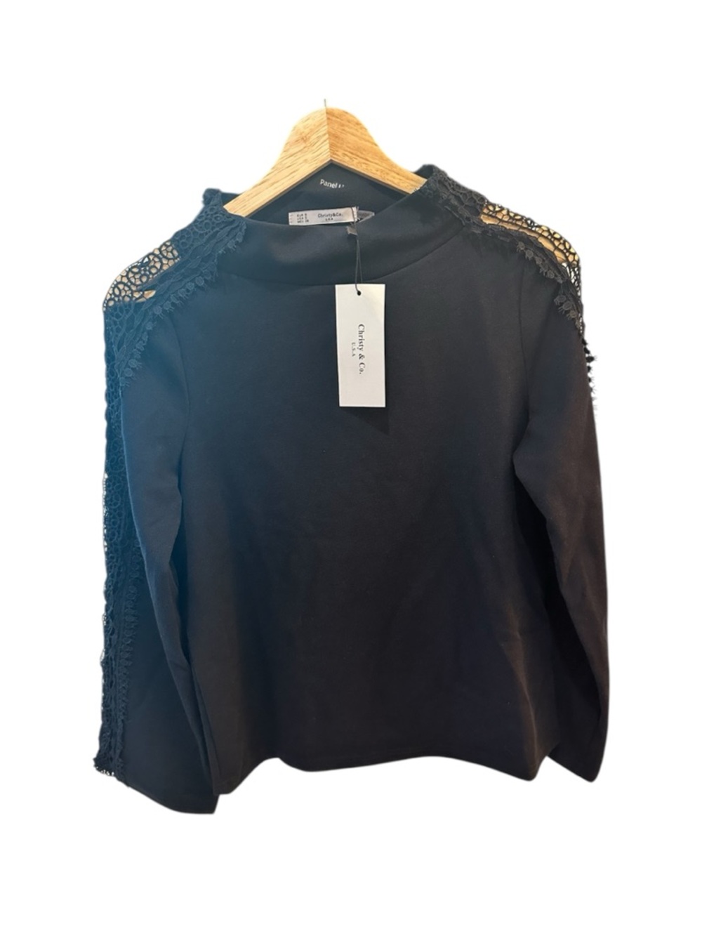 Black Lace-Trim Mock Neck Long Sleeve Top
